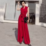 V-neck bow tie wide leg jumpsuit