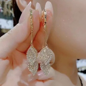 New Trendy Style Full Of Diamond Leaves Tassel Earrings Versatile For Women