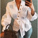 Long V Neck Balloon Sleeve Button Print Shirt