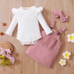Ins Popular Pure Cotton Sunken Stripe Suspender Skirt Romper Three-piece Set