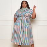 Striped Contrast Printing Long-Sleeved Shirt Plus Size Dress