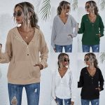 Drawstring button pocket loose sweatshirt