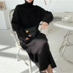 Thick And Warm Long-sleeved Over-the-knee Skirt New Solid Color Soft Sweater Dress