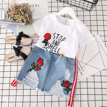 Summer New Korean Style Girls' Fashionable Embroidered Rose Short-sleeved T-shirt Denim Skirt Suit Two-piece Set
