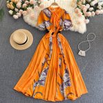 European And American Ins Design Sense Niche Printed Puff Sleeves Elegant Lace Bow Knot Color Matching Printed Long Dress