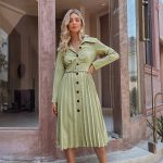 Long Sleeve High Waist Tie Pleated Dress