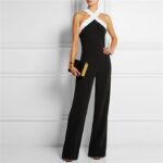Black And White Stitching Leaky Shoulder Slim Women's Jumpsuit Trousers